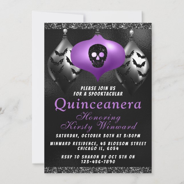 Lila Halloween-Ornamente Quinceanera Einladung (Vorderseite)