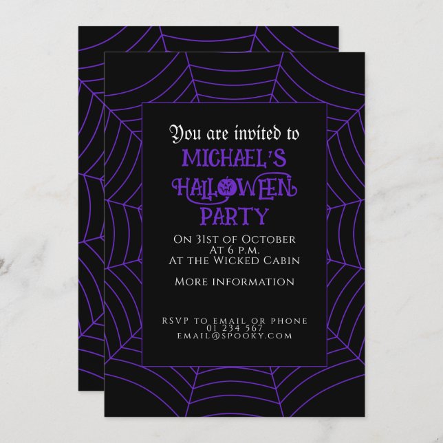 Lila Halloween-Party aus Spinnennetz Einladung (Vorne/Hinten)