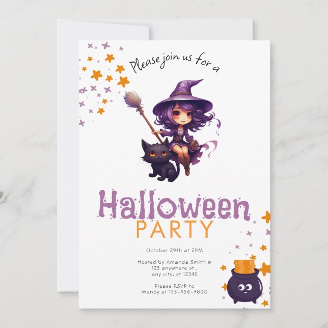 Lila Halloween-Party für haarige Rotzunge und schw Einladung (Vorderseite)