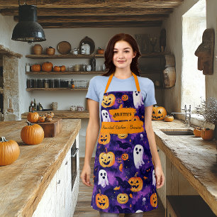 Lila Halloween-Schürze mit Pumpkins, Geistern, Fle Schürze