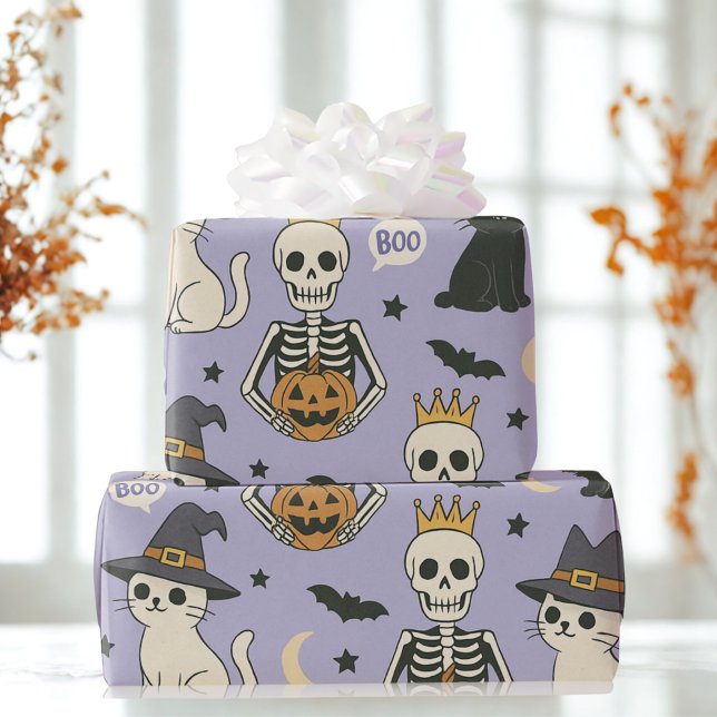 Lila Halloween-Skelette, Hexenkatzen und Kürbiskin Geschenkpapier (Von Creator hochgeladen)