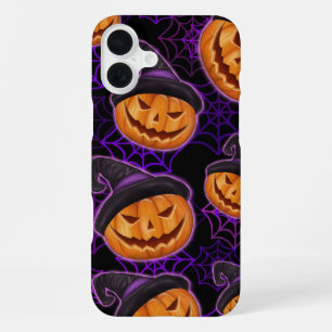 LILA HALLOWEEN-SPINNENNETZE UND ORANGE KÜRBISSE iPhone 16 PLUS HÜLLE
