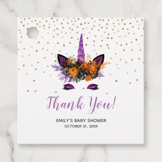 Lila Halloween Unicorn Kinderdusche Danke Geschenkanhänger (Vorderseite)