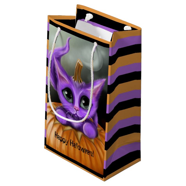 Lila HalloweenKitty Striped Kleine Geschenktüte (Rückseite Schrägansicht)
