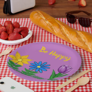 Lila handgestrichene, gelbblaue Blume Pappteller