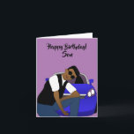 Lila Happy Birthday Son African American Karte<br><div class="desc">Diese coole Geburtstagskarte für einen Sohn zeigt ein junges amerikanisches Männchen,  das vor einem blauen Sportwagen posiert. Schicken Sie Ihrer Lieben eine Karte,  die zuverlässig ist und Ihre Nachricht so ausdrückt,  wie Sie es sich vorgestellt haben.</div>
