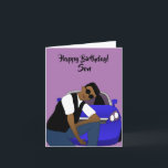 Lila Happy Birthday Son African American Karte<br><div class="desc">Diese coole Geburtstagskarte für einen Sohn zeigt ein junges amerikanisches Männchen,  das vor einem blauen Sportwagen posiert. Schicken Sie Ihrer Lieben eine Karte,  die zuverlässig ist und Ihre Nachricht so ausdrückt,  wie Sie es sich vorgestellt haben.</div>