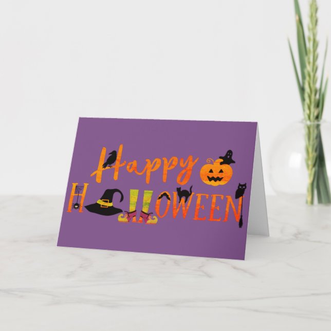 Lila Happy Halloween Karte (Vorderseite)