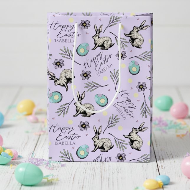 Lila Happy Oaster Name Bunny Mittlere Geschenktüte (Cute Happy Easter Pastel Purple Gift Bags for Kids Egg Hunt with Name. Bunny Rabbit, Eggs & Flowers)