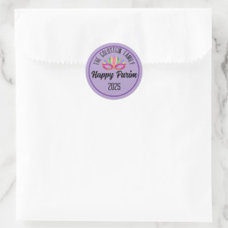 Lila Happy Purim Familienname Runder Aufkleber