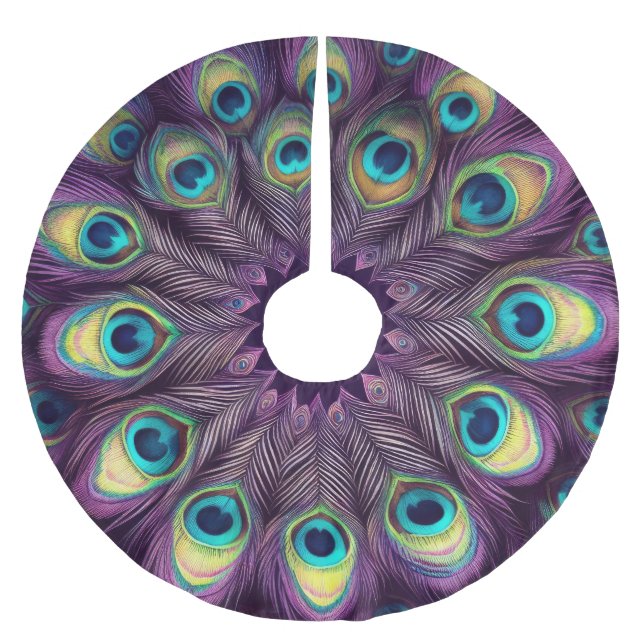 Lila harte Pastelle Zeichnend Pfauenfedern Polyester Weihnachtsbaumdecke (Vorderseite)