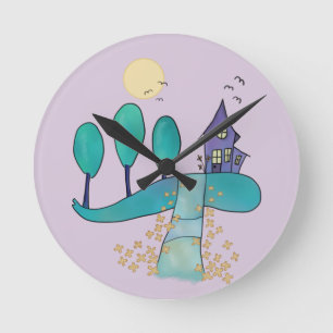 lila Haus Runde Wanduhr