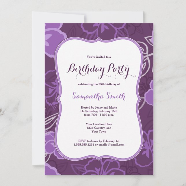 Lila hawaiianische Hibiskus-Blume Geburtstagsaufen Einladung (Vorderseite)