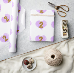 Lila Heart Gold Glitzer 2. Geburtstag Geschenkpapier