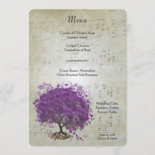 Lila Heart Leaf Tree Wedding Menü Menükarte