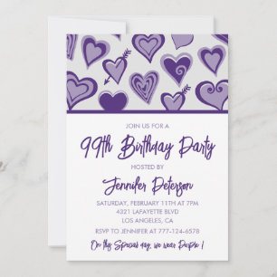 Lila Hearts Girly 99. Geburtstag Einladung