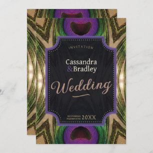 Lila Hearts Peacock Feathers Green Gold Glow Einladung