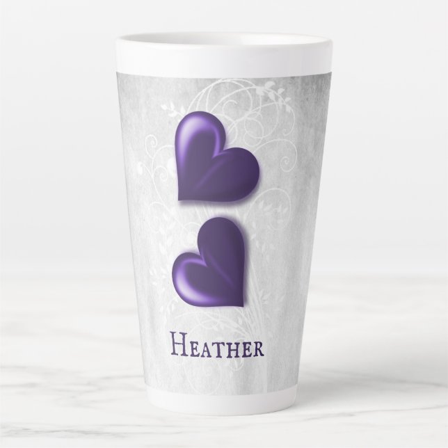 Lila Hearts Personalisiert Latte Tasse (Vorderseite)