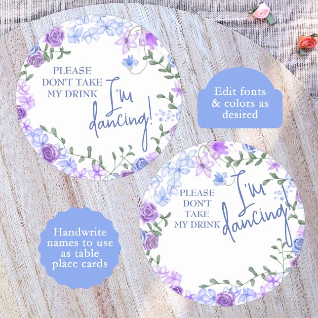 Lila, hellblaue Platzkarte Runder Pappuntersetzer (purple lilac lavender & light blue rose wedding reception "don't take my drink I'm dancing")