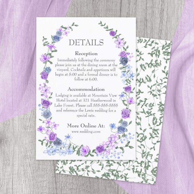Lila helles blaues Rose Weinroute Mendrisiotto Begleitkarte (purple, lavender, dusty blue mixed floral patterns, rose vines, bouquets wedding details enclosure )