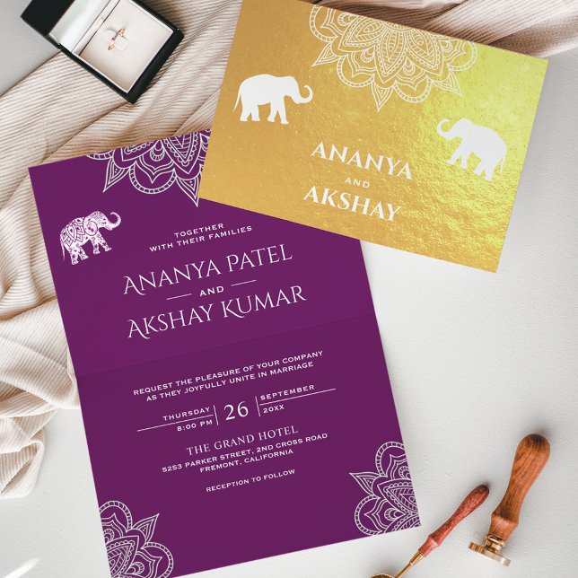 Lila Henna Elephant Indian Wedding Gold Folienkarte (Von Creator hochgeladen)