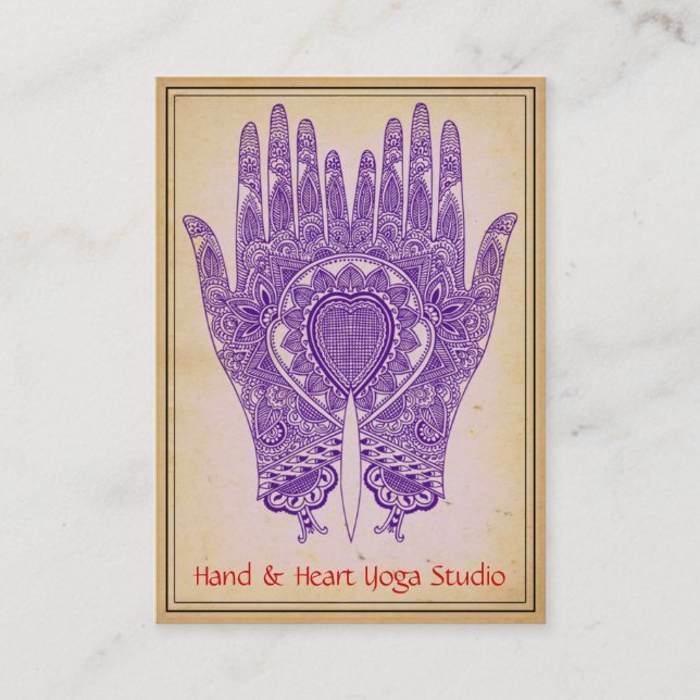 Lila Henna Hands Yoga Studio Business Card Visitenkarte (Vorderseite)