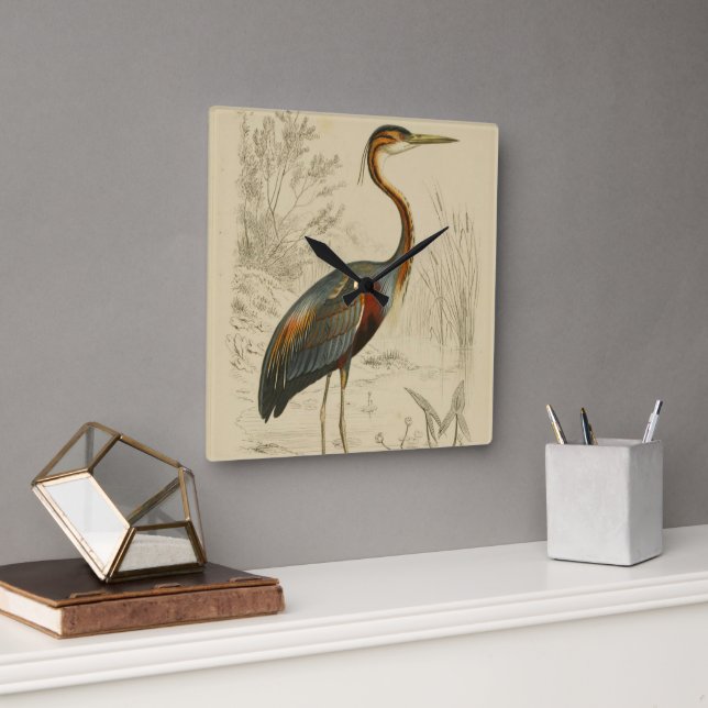 Lila Heron Tracks Edouard Print Quadratische Wanduhr (Büro)