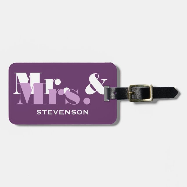 Lila Herr und Frau Reisegepäck etikettieren für Gepäckanhänger (Vorderseite horizontal)