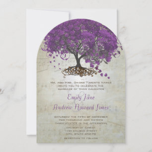 Lila Herz Leaf Tree Wedding Einladungen