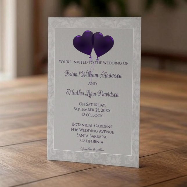 Lila Herzblasen Einladung Hochzeit (Purple Heart Balloons Wedding Invitation)