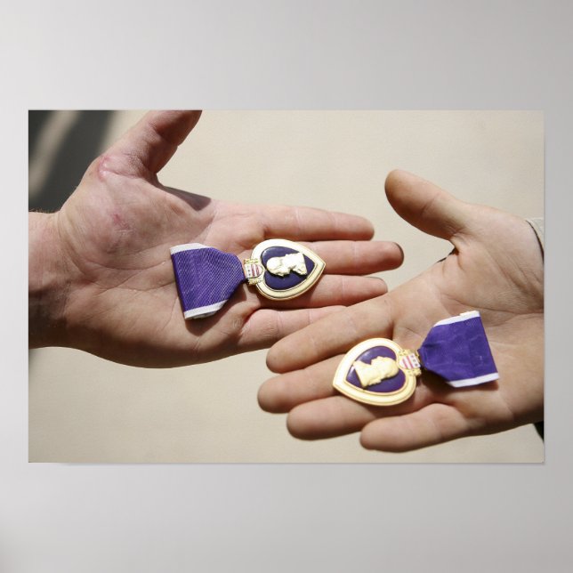 Lila Herzempfänger zeigen ihre Medaillen an Poster (Vorne)