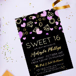 Lila Herzen & Goldene Edelsteine Sweet 16 Folieneinladung<br><div class="desc">Lila und goldene Sweet 16 feierliche Einladung in Schwarz mit lila Herzen und Goldfolie Konturen von Edelsteinen. Glam süß 16 Party Einladungen in lila,  schwarz und gold. Girly 16 . Geburtstag Einladung mit Goldfolie und lila Text,  lila Herzen und goldenen Edelsteinen.</div>
