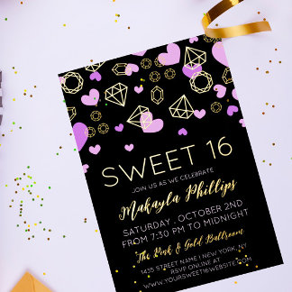 Lila Herzen & Goldene Edelsteine Sweet 16 Folieneinladung