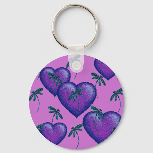 Lila Herzen und Libellen Schlüsselanhänger (Vorderseite)