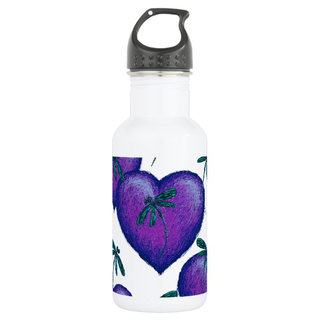 Lila Herzen und Libellen Trinkflasche (Vorderseite)