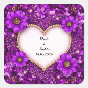 Lila Herzrahmen mit Glitzer und Blume Quadratischer Aufkleber