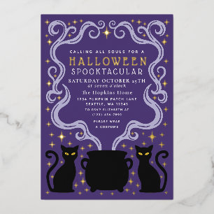 Lila Hexen-Schwarze-Katze-Kessel-Halloween-Party Folieneinladung