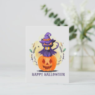 Lila Hexenkatze auf Kürbis - glückliches Halloween Postkarte