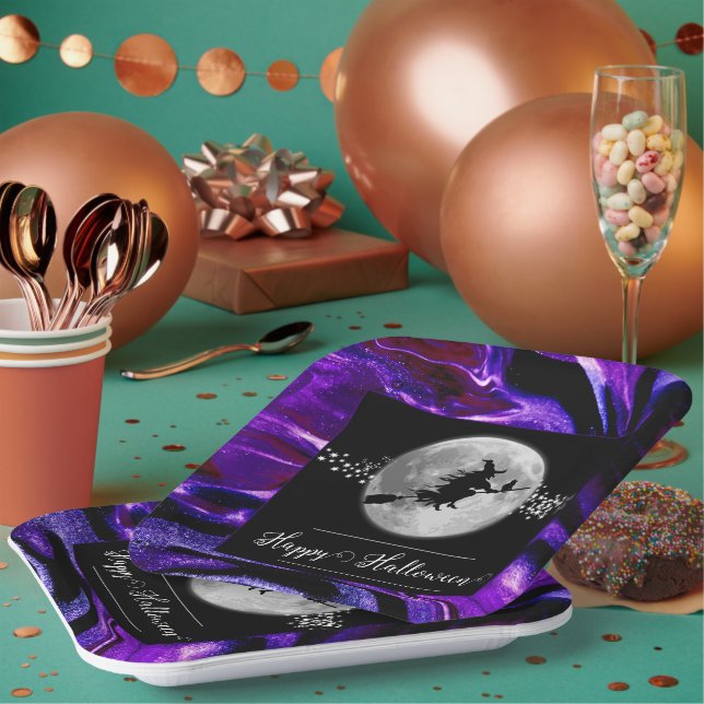 Lila Hexensche Silhouette Halloween Pappteller (Multi)