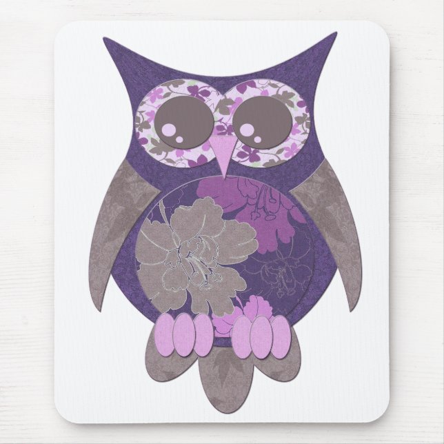 Lila Hibiskus-Eule Mousepad (Vorne)
