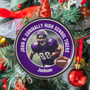 Lila High School Football Player Foto Weihnachten Ornament Aus Metall