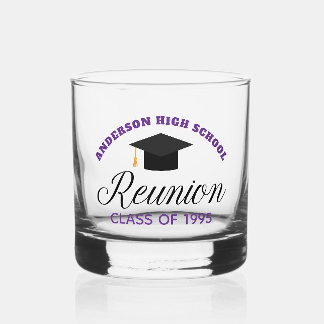 Lila High School Wiedersehen Party Custom Alumni Whiskyglas (Vorderseite)