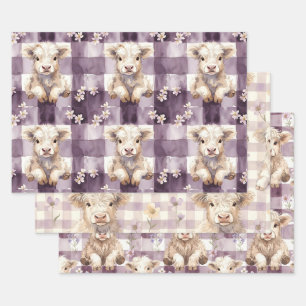 Lila Highland-Kuh-Blumen Gingham-Karo Geschenkpapier Set