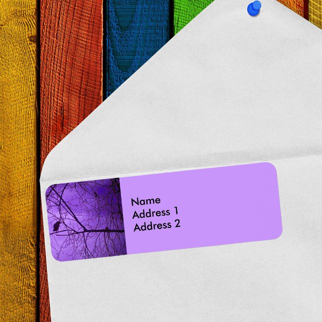 Lila Himmel (Silhouette of black crow in barren trees in purple sky return address labels.)