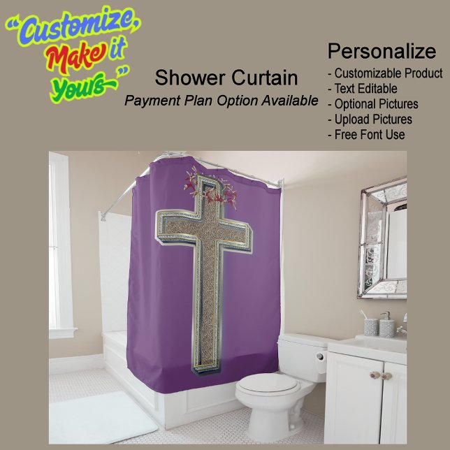 Lila Hintergrund des Duschvorhangs Duschvorhang (Cross Biblical Shower Curtain Featuring a Purple Background.)