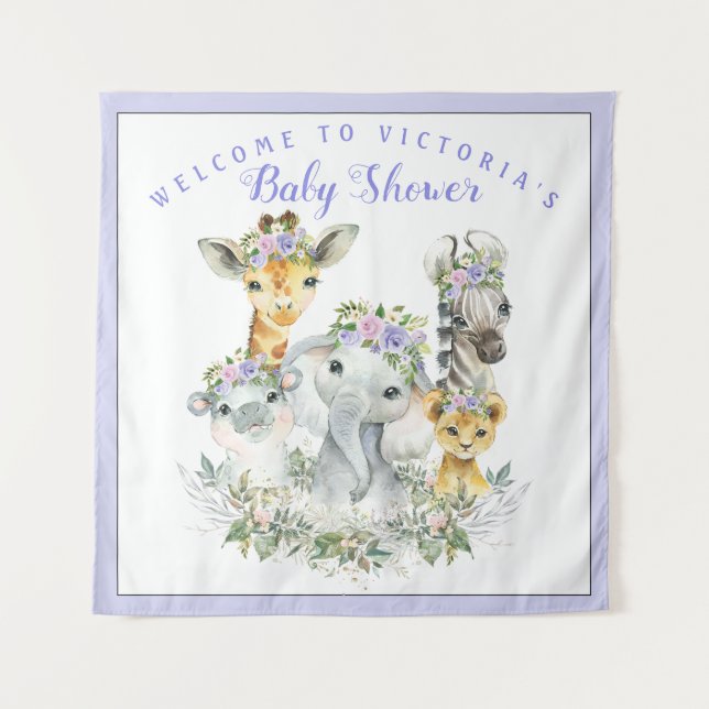 Lila Hintergrund des Safari Baby Shower Wandteppich (Vorderseite)