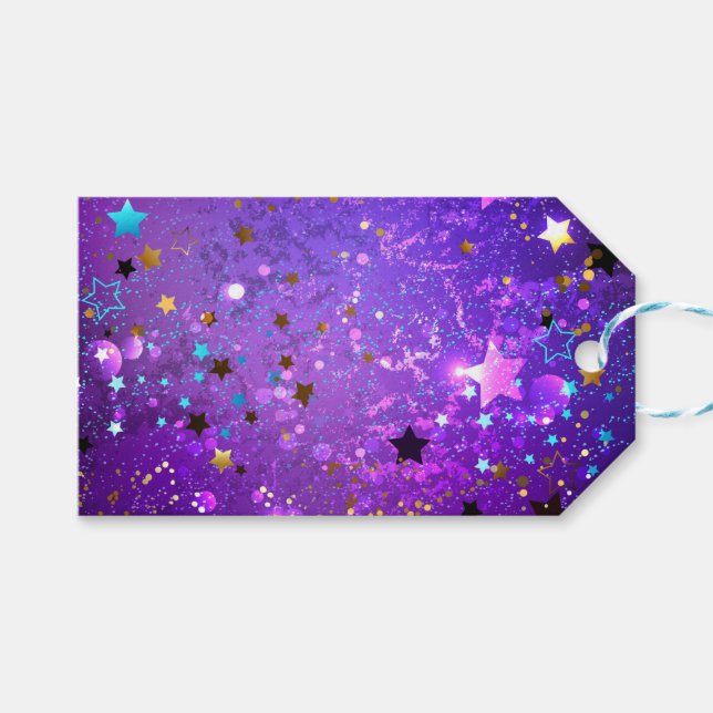 Lila Hintergrund mit Sternen Geschenkanhänger (Vorderseite (Horizontal))