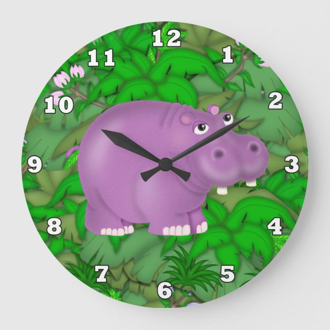 Lila Hippo-Dschungel-Wanduhr Große Wanduhr (Vorderseite)