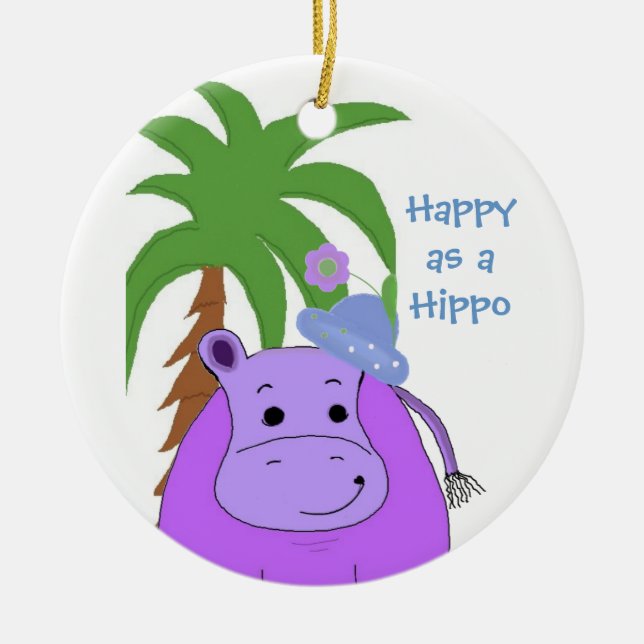 Lila Hippopotamus mit Palmenbaum Keramik Ornament (Vorne)