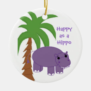 Lila Hippopotamus mit Palmenbaum Keramik Ornament